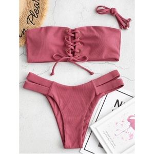 ZAFUL Shein Pink Ribbed Bandeau Lace Up Bikini